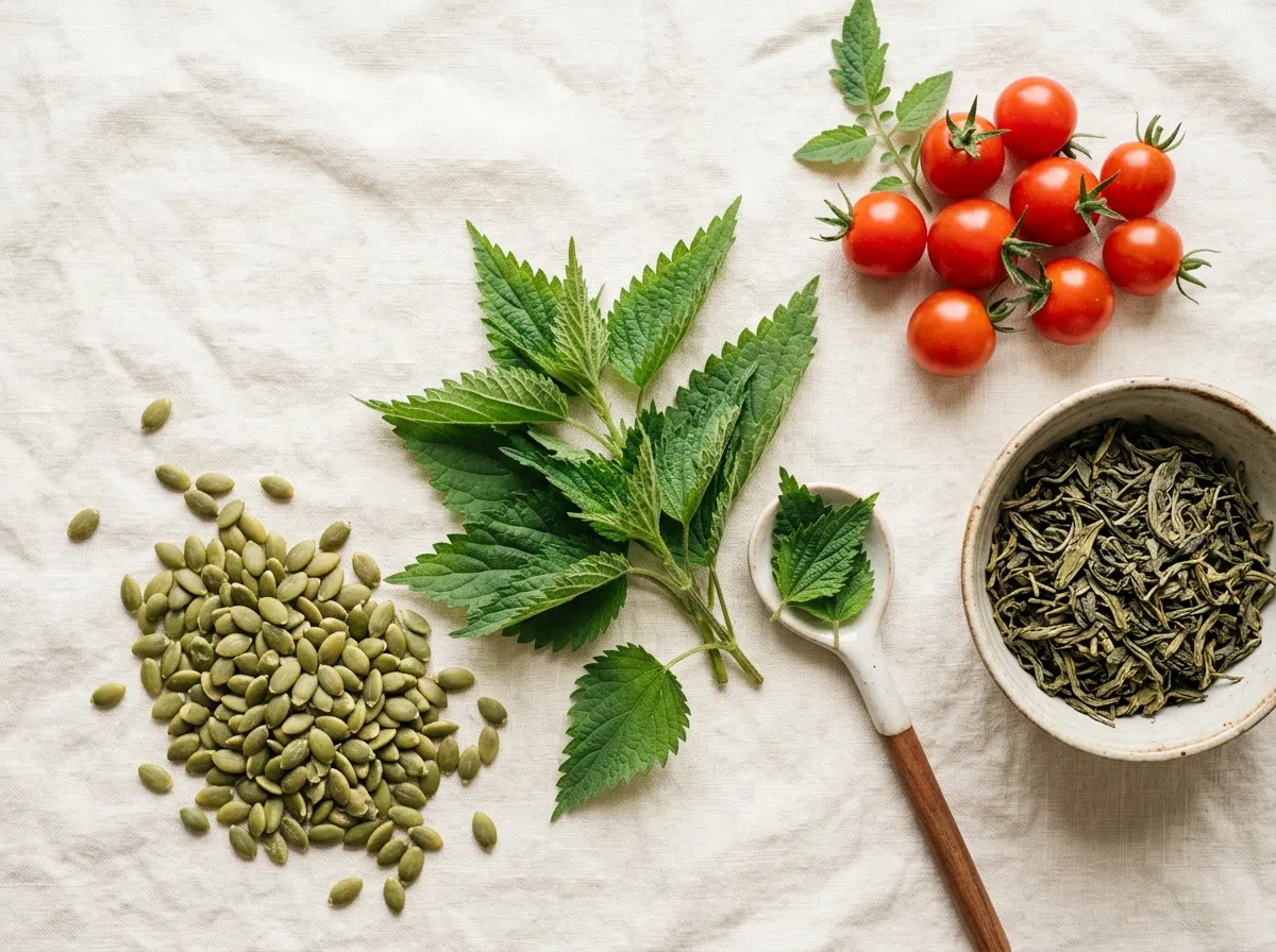 Natuurlijke ingrediënten: pompoenpitten, brandnetelblad, tomaten