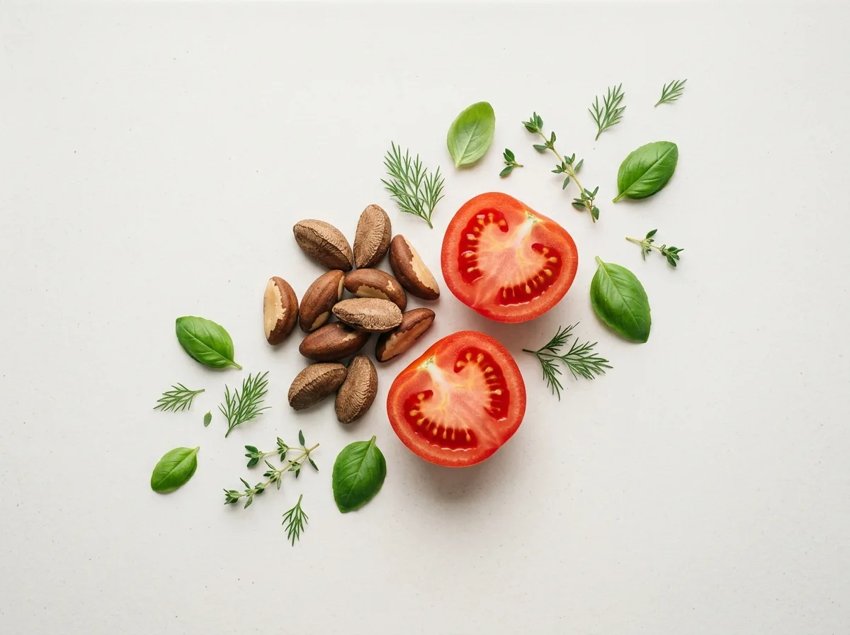 Selenium-rijke paranoten en verse tomatenhalven, bovenaanzicht