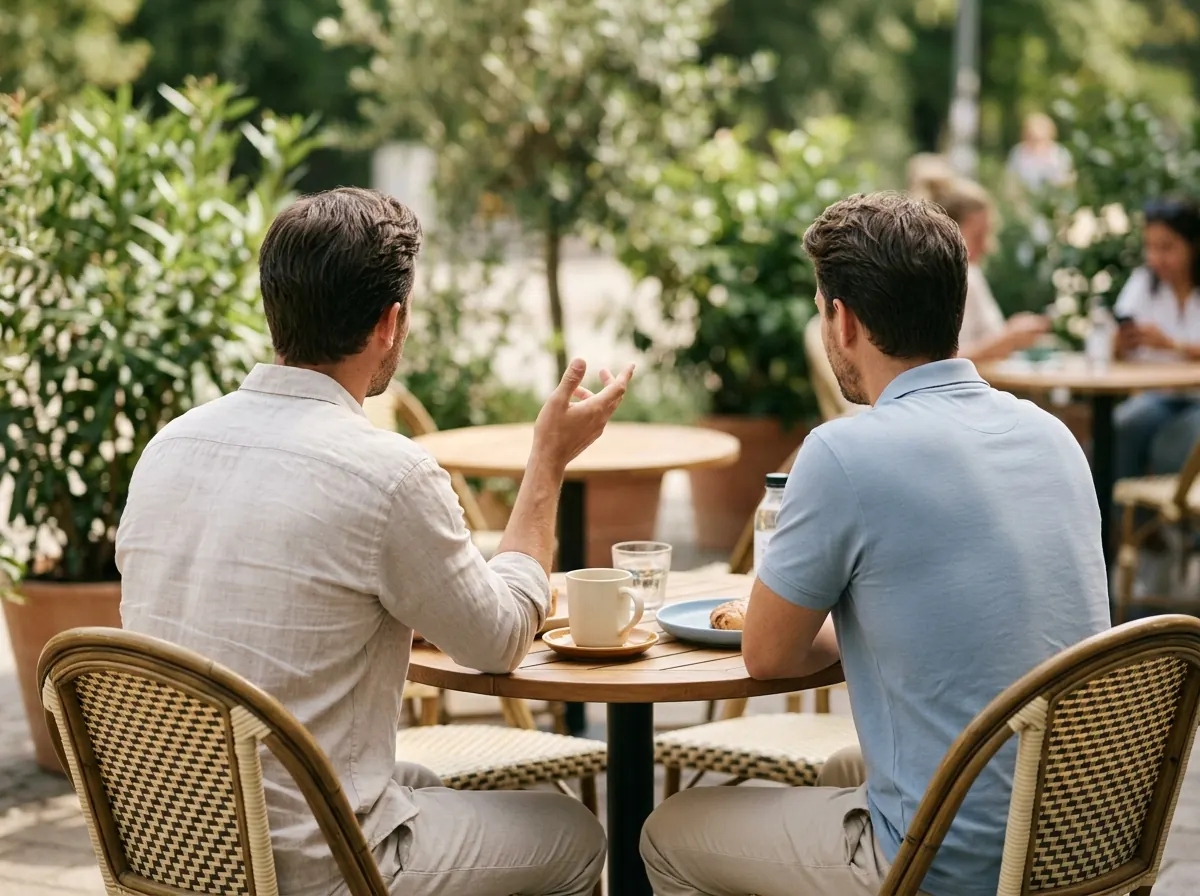 Twee mannen in gesprek, actieve leefstijl buitenshuis
