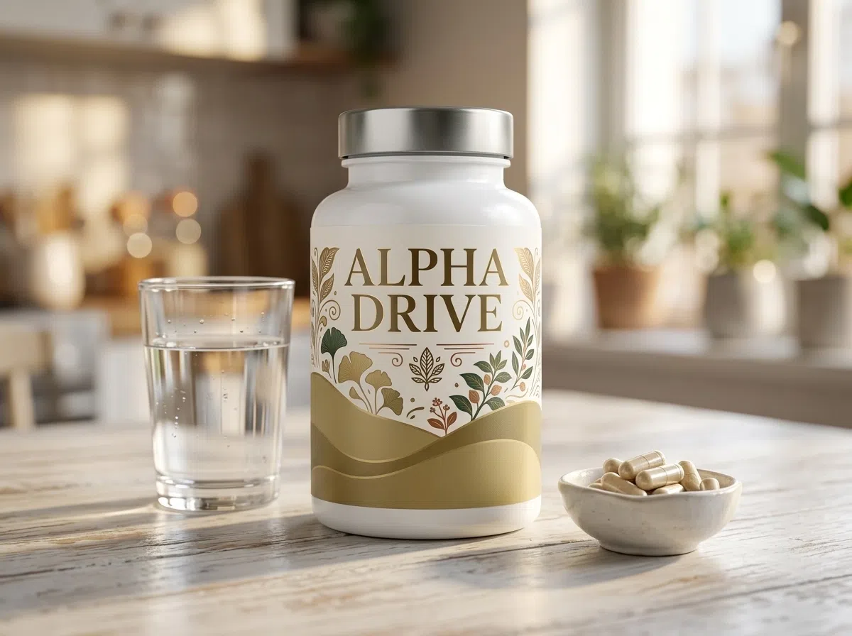 Alpha Drive supplement pot naast verse brandnetelblad en glas water